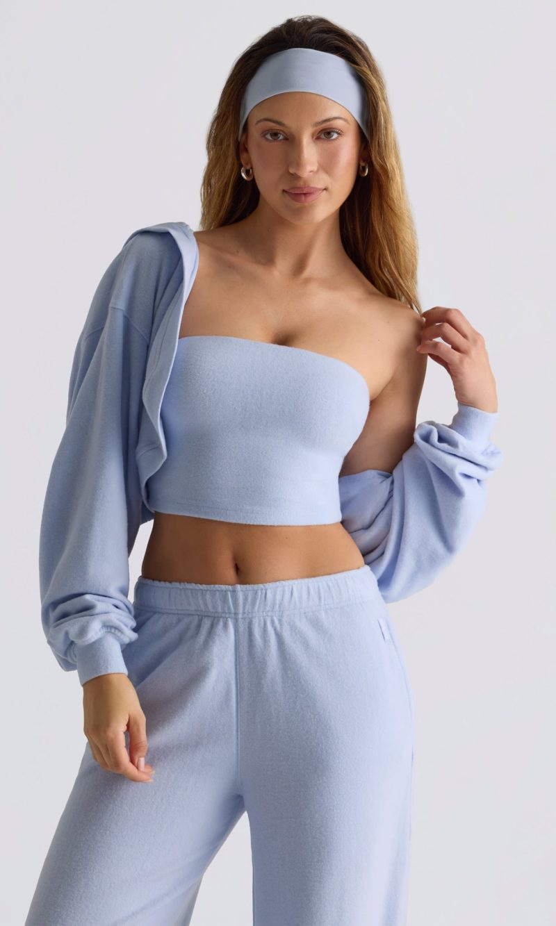 Brushed Jersey Hooded Cropped Shrug in Soft Blue