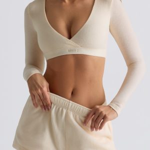 Brushed Jersey Wrap Crop Top in Ecru