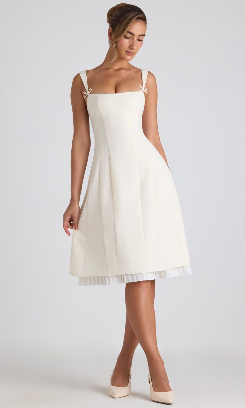 Bow-Detail Pleated A-Line Midi Dress in Ivory
