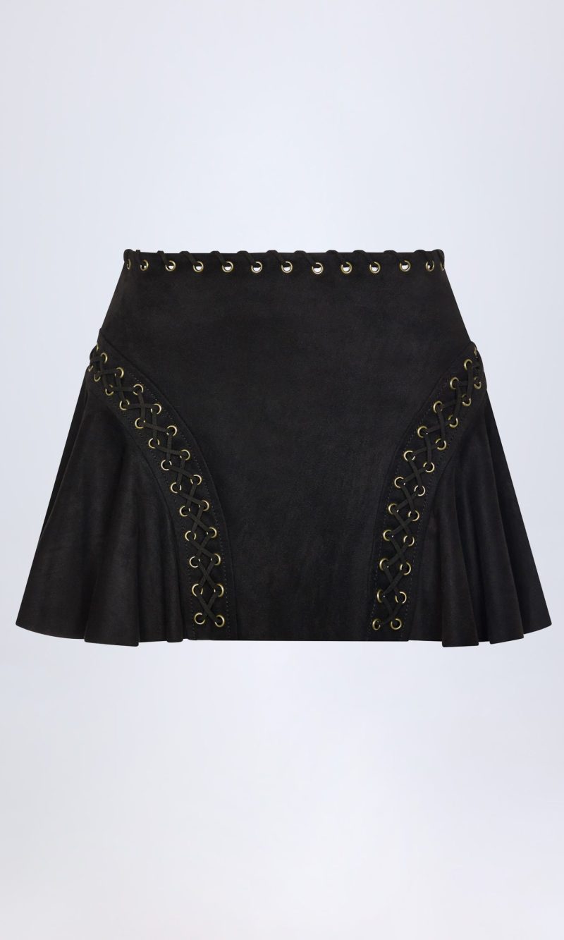 Lace-Up Mid-Rise Mini Skirt in Black