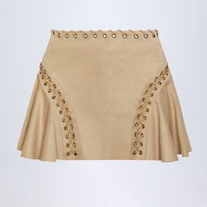 Lace-Up Mid-Rise Mini Skirt in Tan