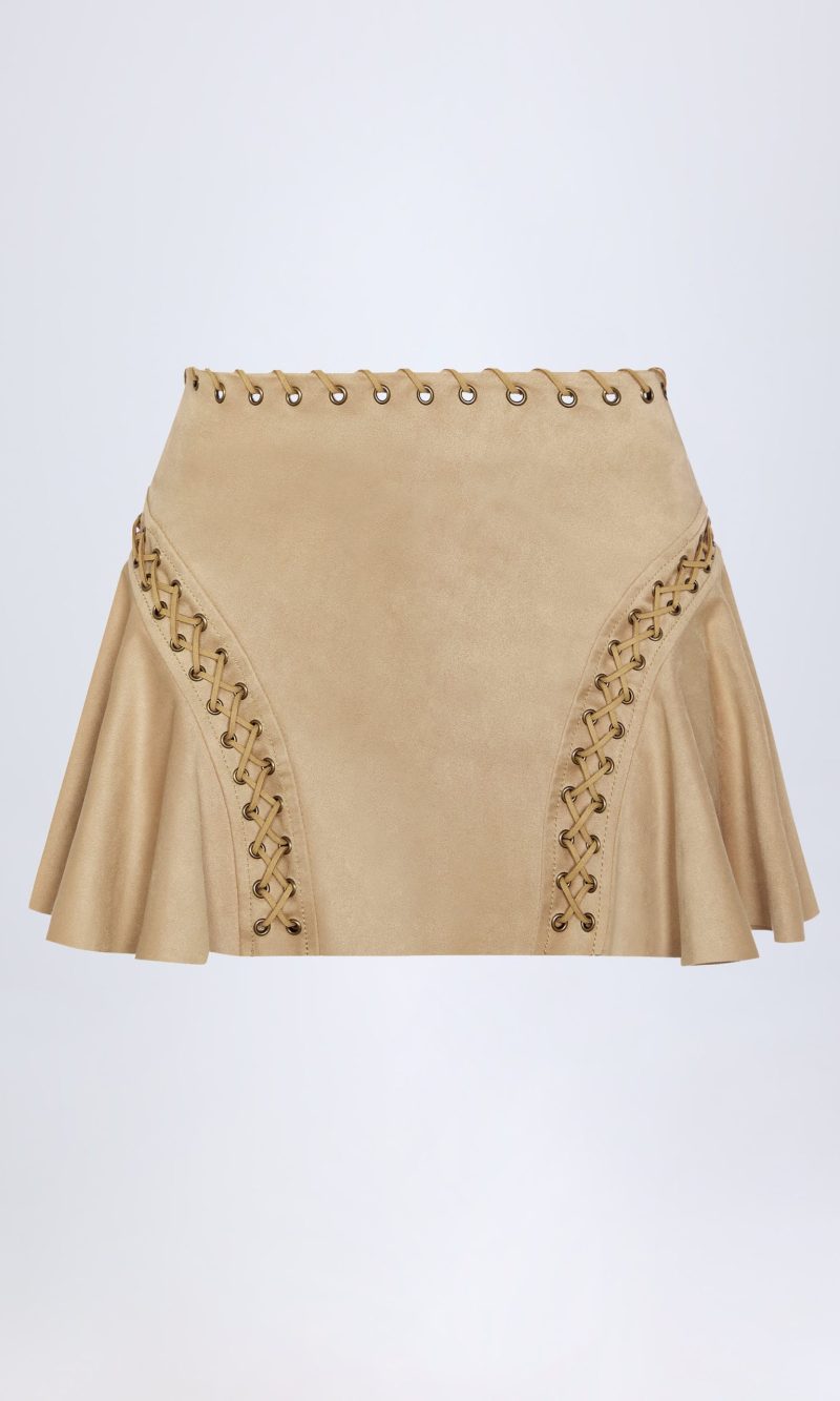 Lace-Up Mid-Rise Mini Skirt in Tan