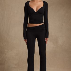 Modal Asymmetric-Waist Flared Trousers in Black