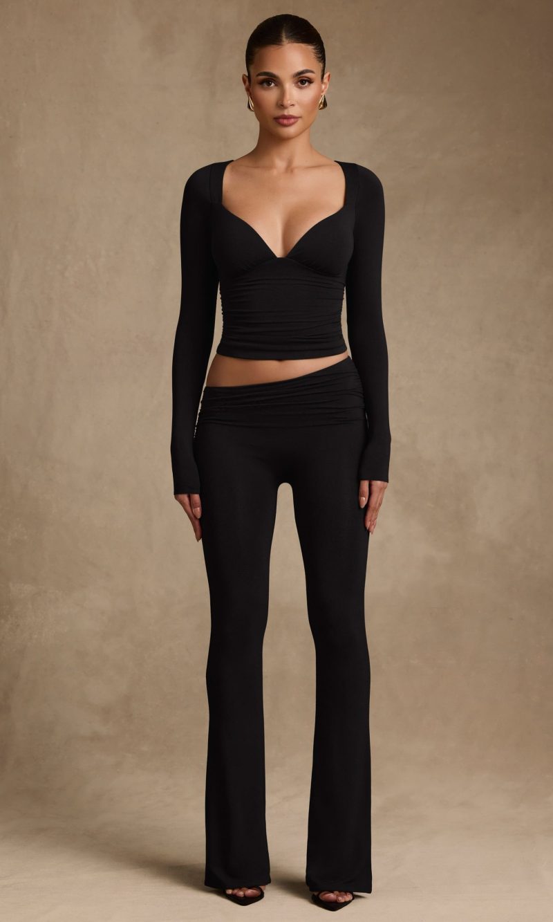 Modal Asymmetric-Waist Flared Trousers in Black