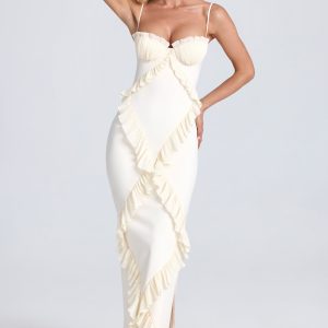 Plissé Ruffle-Trim Maxi Dress in Ivory