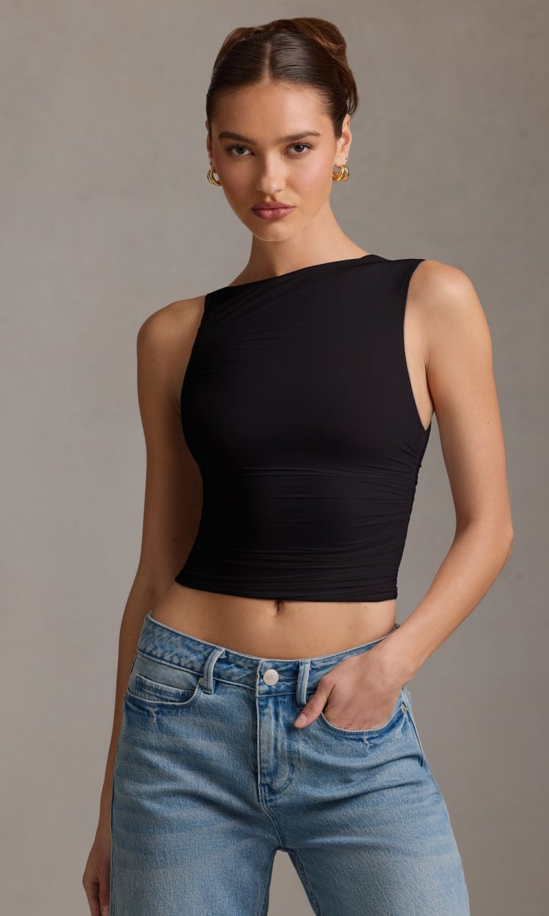 Asymmetric Ruched Tank Top in Black