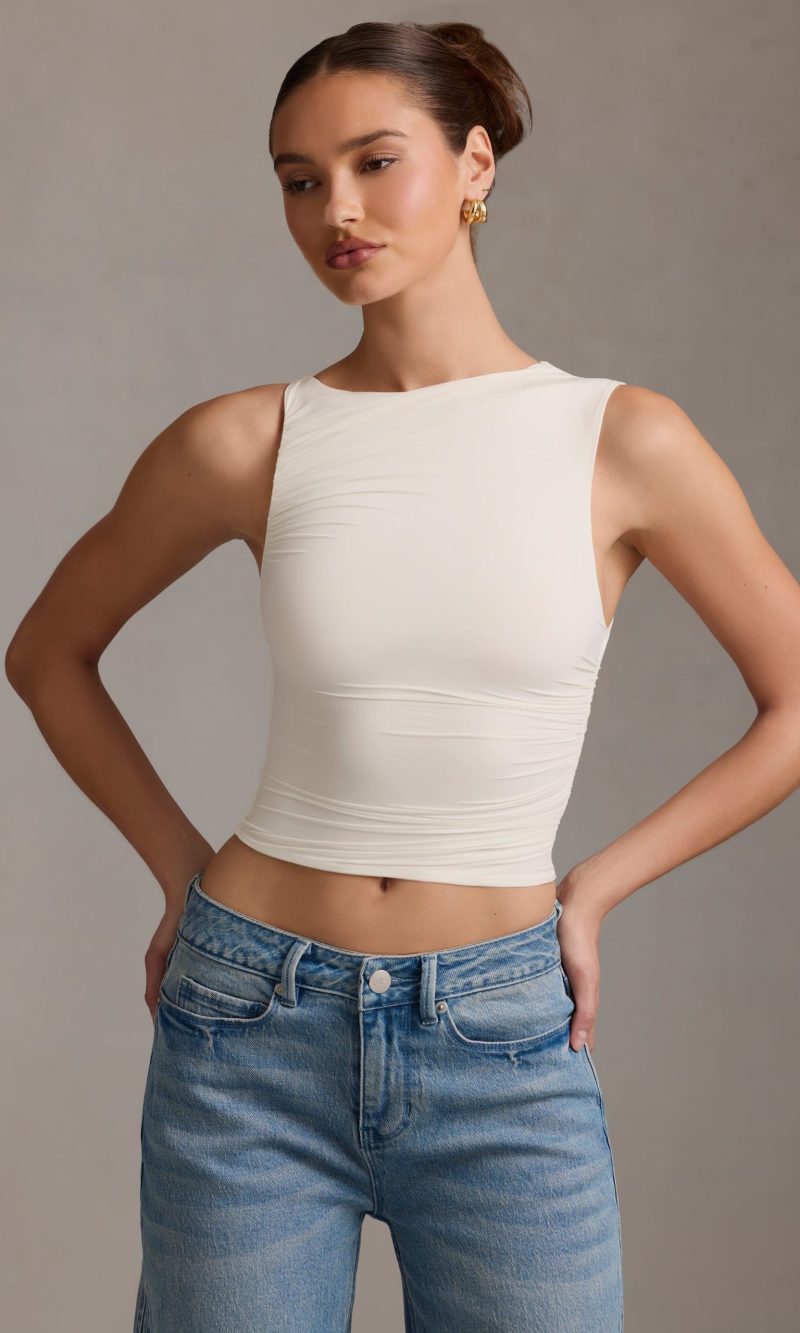 Asymmetric Ruched Tank Top in Vanilla