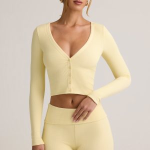 Modal Ribbed Cropped Cardigan in Buttercream Yellow