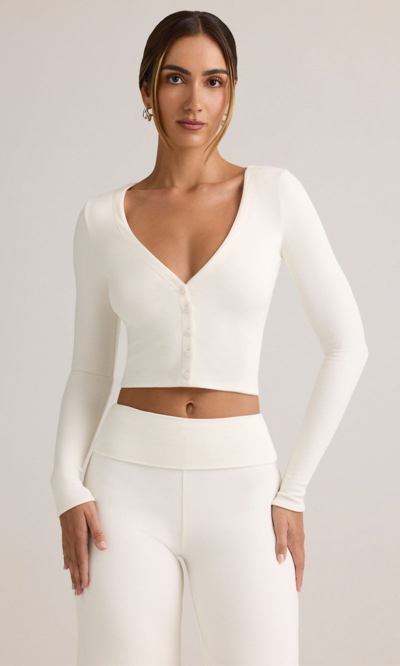 Modal Ribbed Cropped Cardigan in White - S