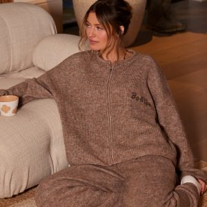 Oversized Zip-Up Cardigan in Brown Marl