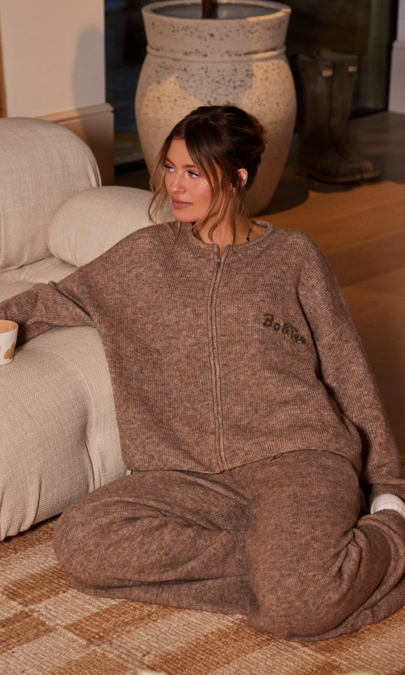 Oversized Zip-Up Cardigan in Brown Marl