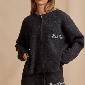 Oversized Zip-Up Cardigan in Charcoal Marl