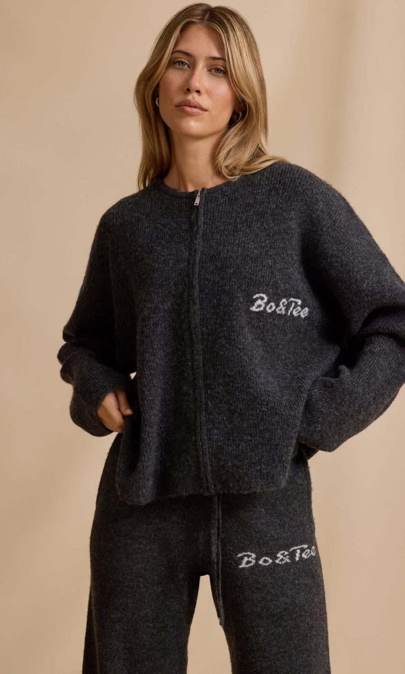 Oversized Zip-Up Cardigan in Charcoal Marl