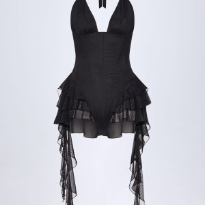 Ruffled Halterneck Bodysuit in Black