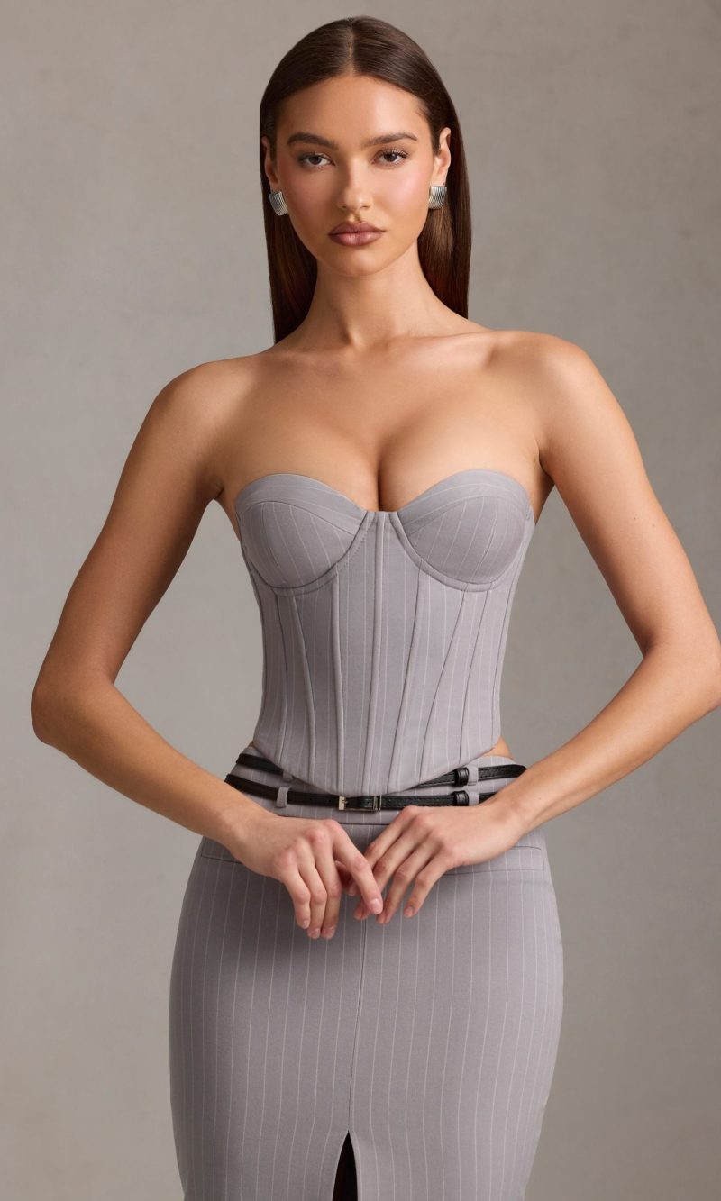 Pinstripe Lace-Up Corset Top in Grey