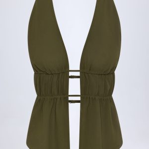 Cut-Out Semi-Sheer Ruched Halterneck Crop Top in Dark Khaki