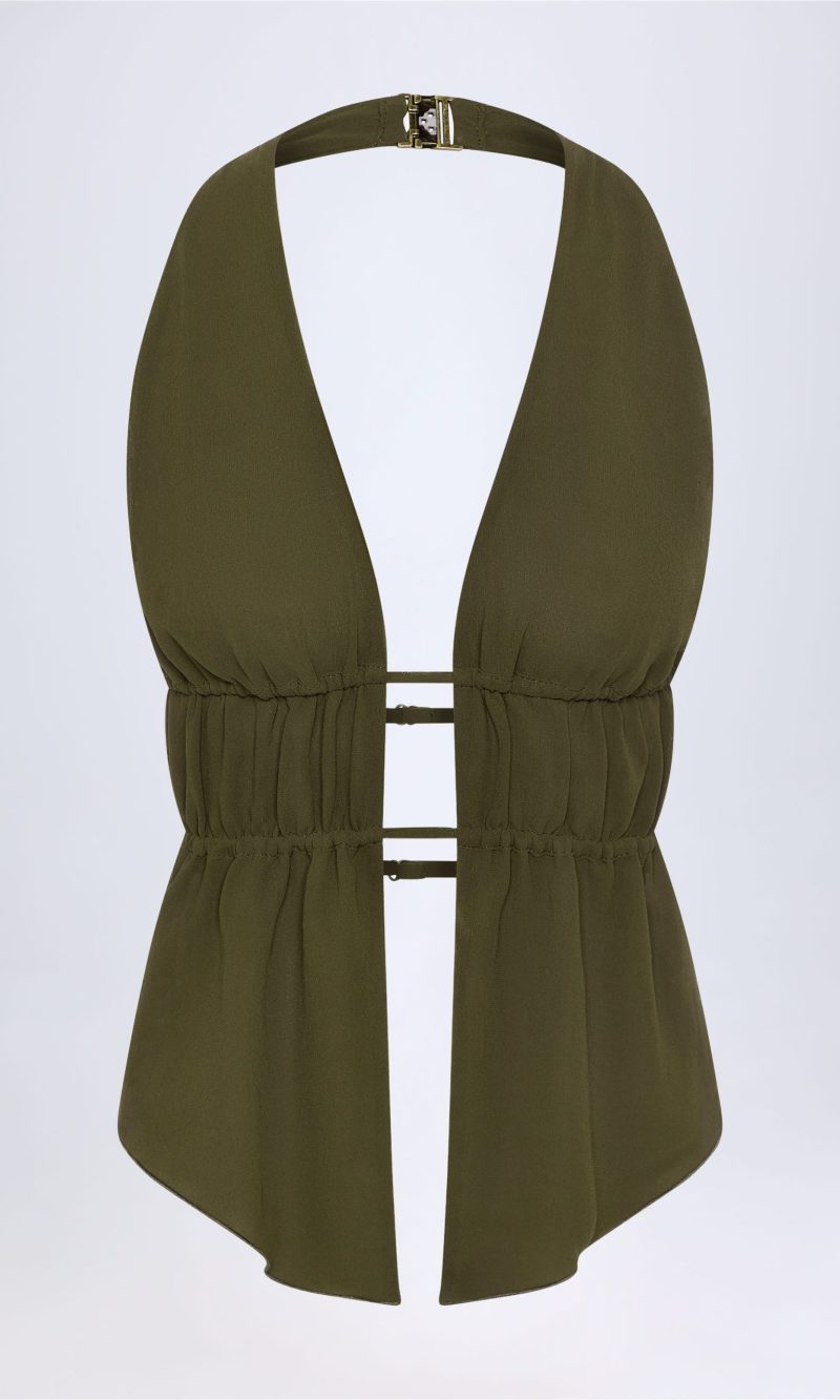 Cut-Out Semi-Sheer Ruched Halterneck Crop Top in Dark Khaki