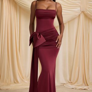 Bow-Detail Ruched Maxi Dress in Wine Red