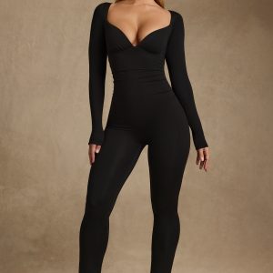 Modal Ruched Long-Sleeve Jumpsuit in Black