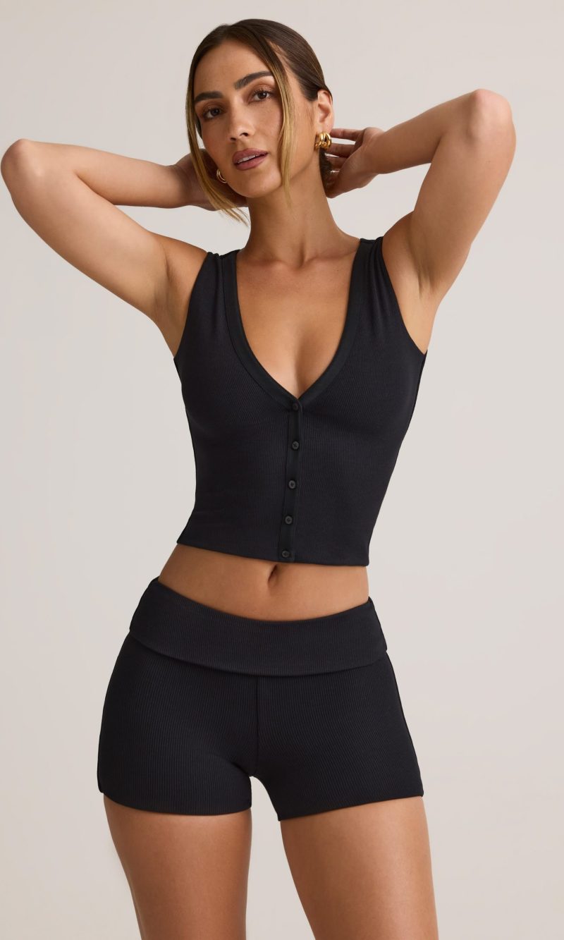 Modal Ribbed Button-Up Vest Top in Black - S
