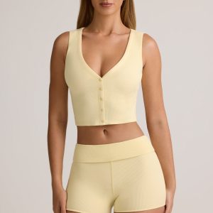 Modal Ribbed Button-Up Vest Top in Buttercream Yellow