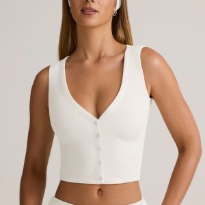 Modal Ribbed Button-Up Vest Top in White