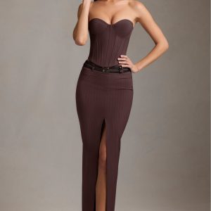 Pinstripe Low-Rise Maxi Skirt in Chocolate Brown