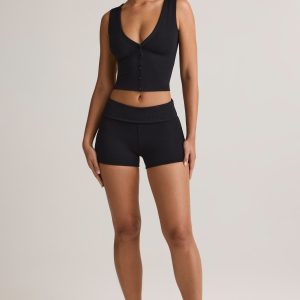 Modal Ribbed Mid-Rise Foldover Shorts in Black