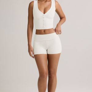 Modal Ribbed Mid-Rise Foldover Shorts in White