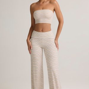 Modal Ribbed Foldover Wide-Leg Trousers in Pink & Yellow Stripe
