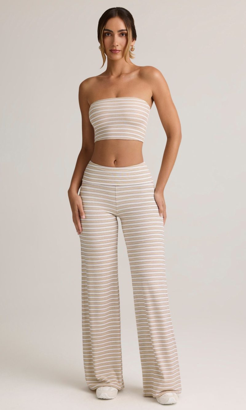 Modal Ribbed Foldover Wide-Leg Trousers in Pink & Yellow Stripe - S, Tall
