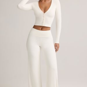 Modal Ribbed Foldover Wide-Leg Trousers in White