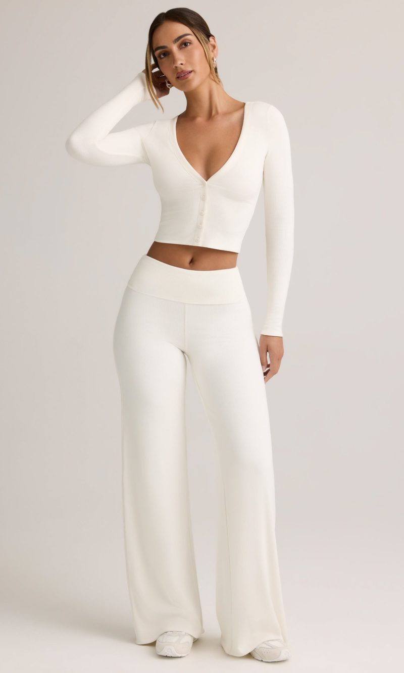 Modal Ribbed Foldover Wide-Leg Trousers in White - S, Tall
