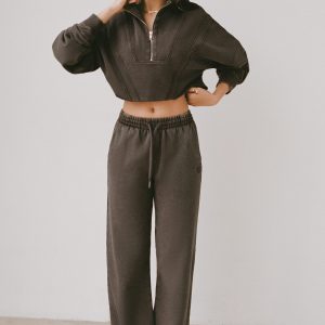 Acid Wash Wide-Leg Joggers in Brown