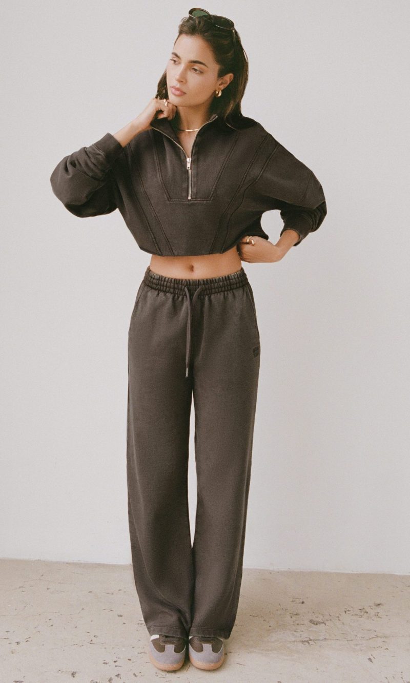 Acid Wash Wide-Leg Joggers in Brown