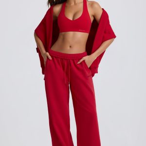 Mid-Rise Wide-Leg Joggers in Hot Red