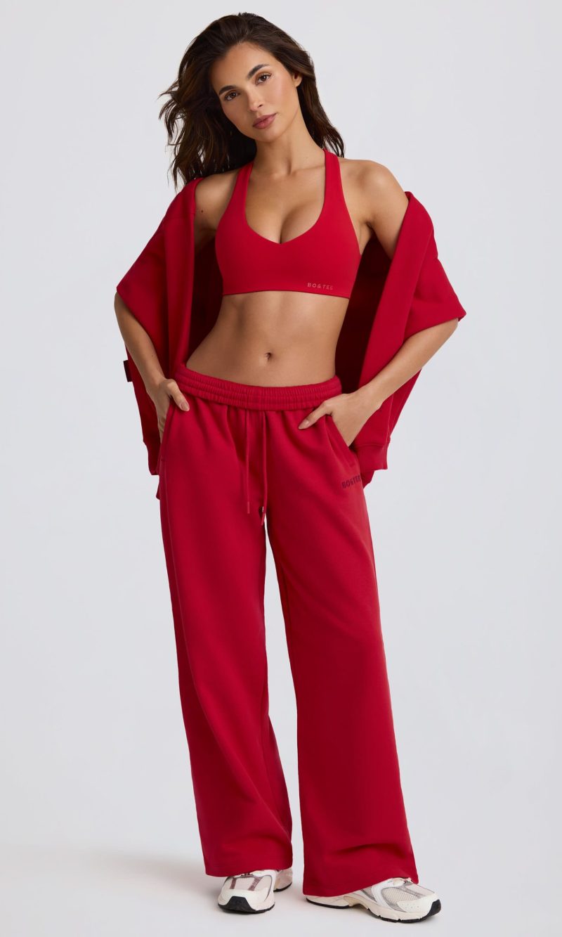 Mid-Rise Wide-Leg Joggers in Hot Red