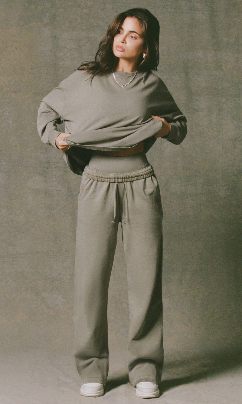 Acid Wash Wide-Leg Joggers in Light Green