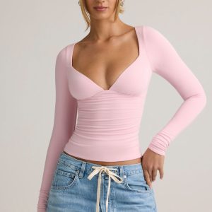 Modal Ruched Long-Sleeve Top in Baby Pink