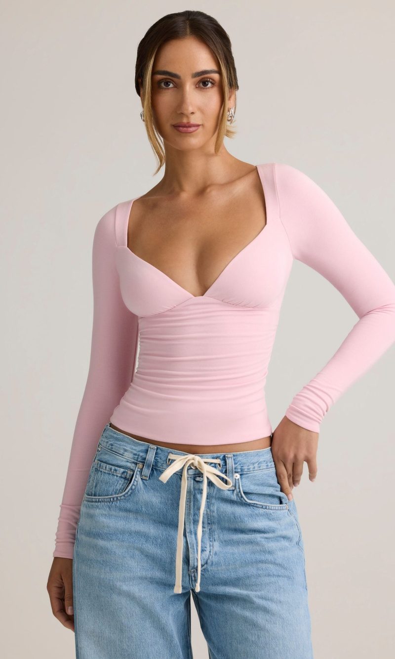 Modal Ruched Long-Sleeve Top in Baby Pink
