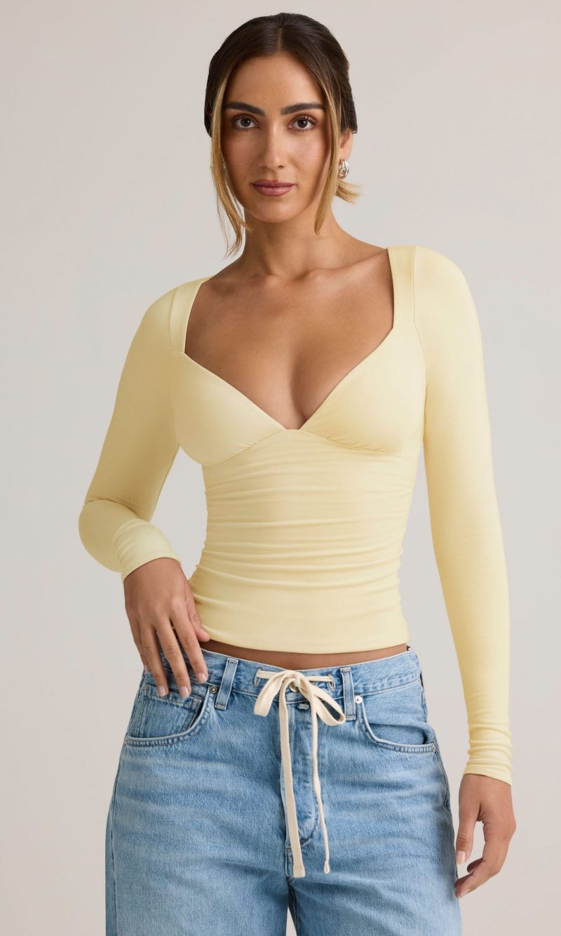 Modal Ruched Long-Sleeve Top in Buttercream Yellow