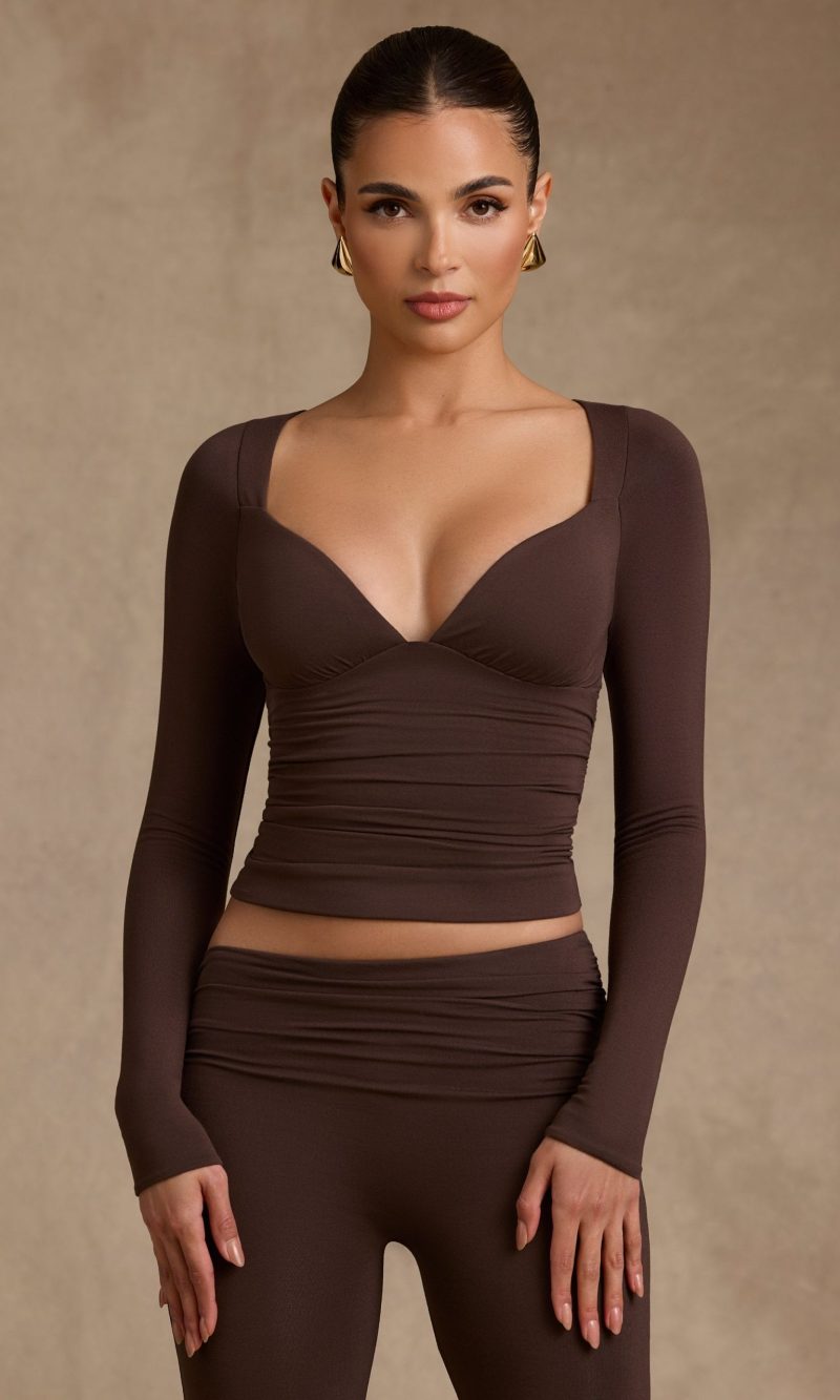Modal Ruched Long-Sleeve Top in Chocolate Brown