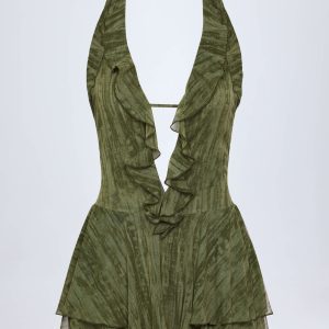 Ruffled Plunge Halterneck Playsuit in Green Print