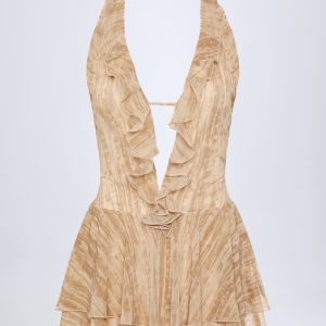 Ruffled Plunge Halterneck Playsuit in Tan Print