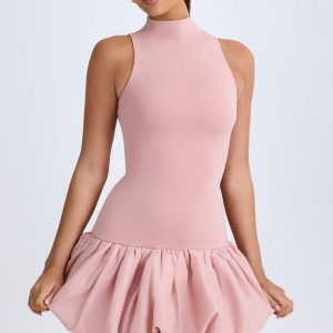 Turtleneck Drop-Waist Bubble Hem Mini Dress in Pink Mauve