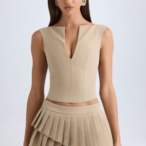 Layered Pleated Low-Rise Mini Skirt in Camel