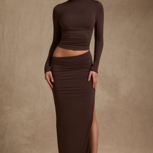 Modal Asymmetric-Waist Maxi Skirt in Chocolate Brown
