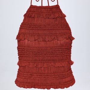 Ruffled High-Neck Backless Top in Burnt Red