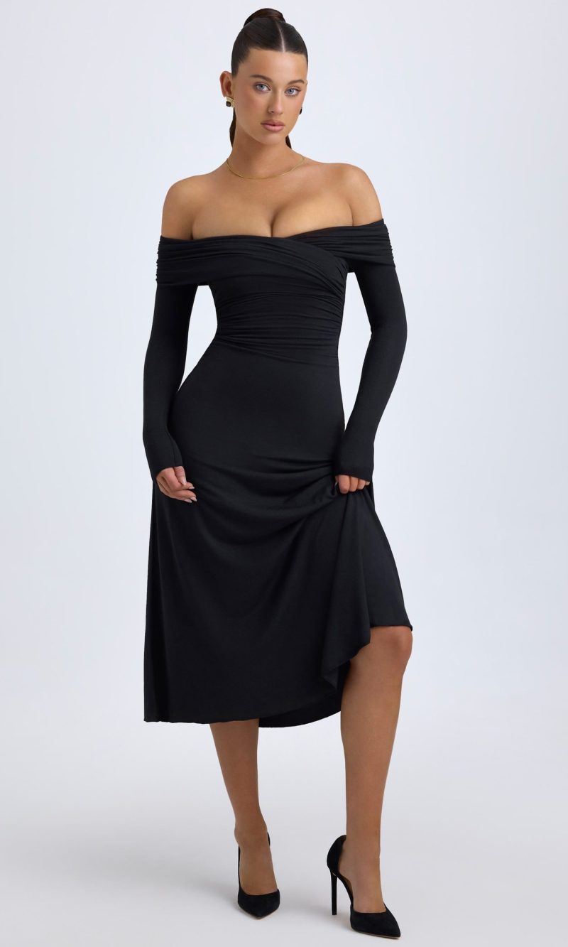Modal Off-Shoulder Ruched Midaxi Dress in Black
