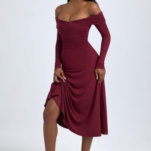 Modal Off-Shoulder Ruched Midaxi Dress in Wine Red